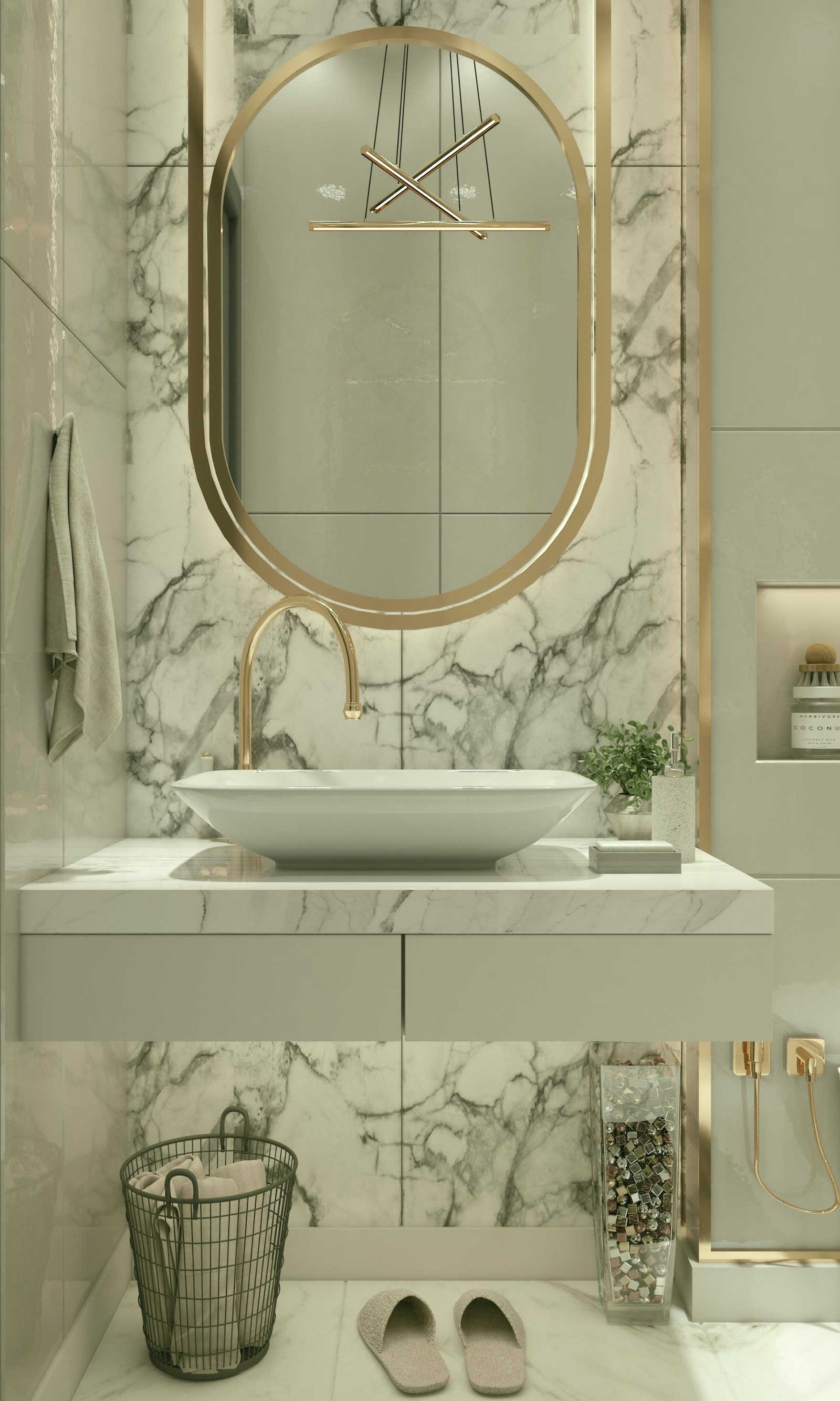 Mermer tezgâhlı, altın armatürlü kompakt banyo