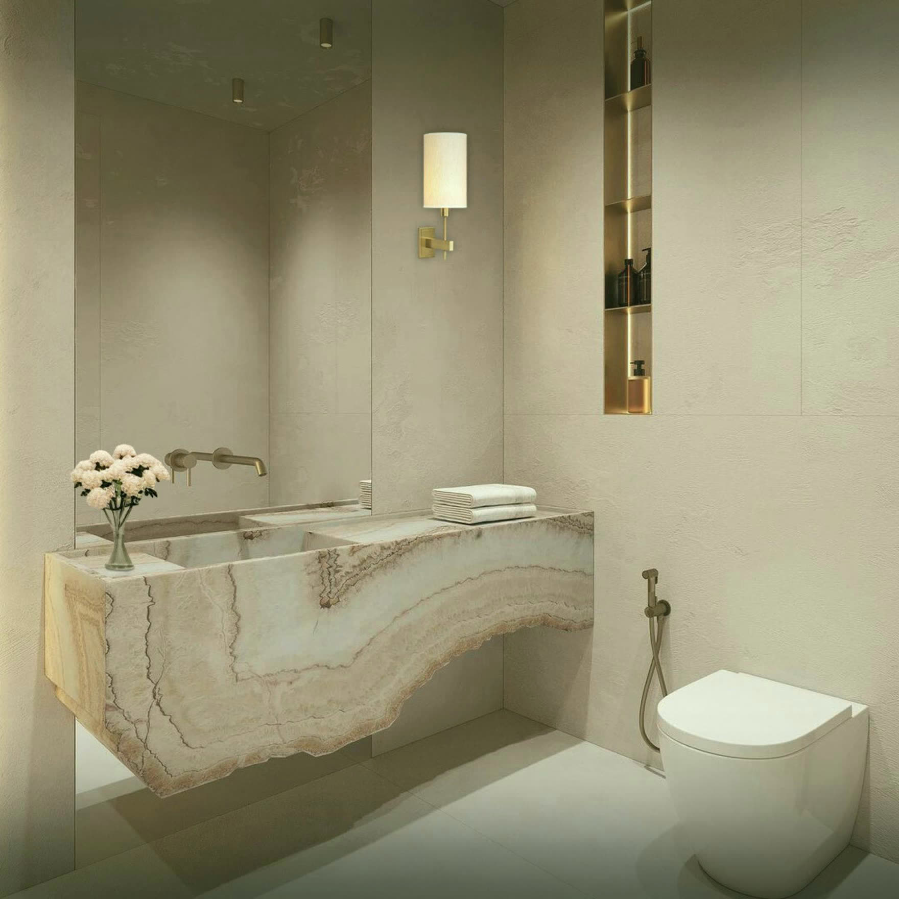 Onyx blok yıkama ünitesi ve gizli aydınlatmalı hamam