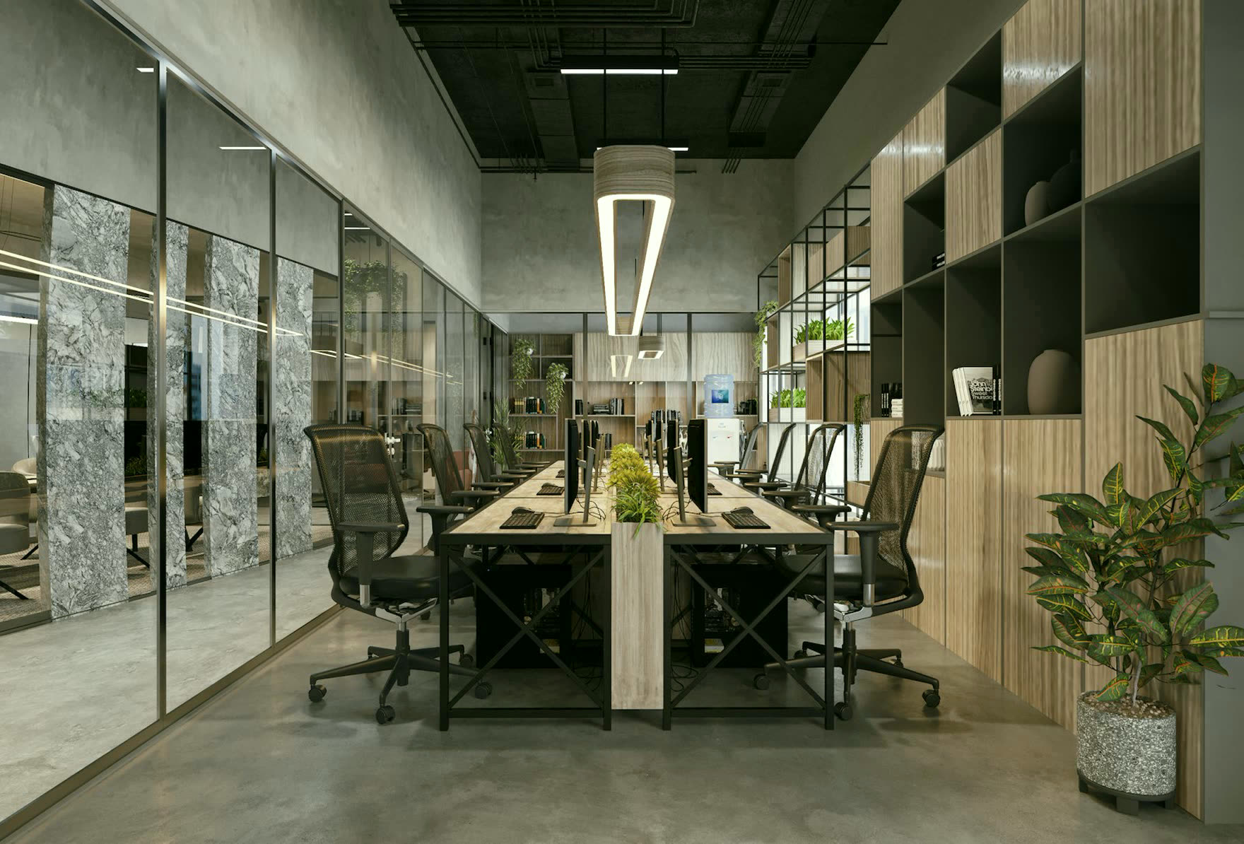 Ahşap kaplamalı toplantı masası ve cam bölmeli ofis