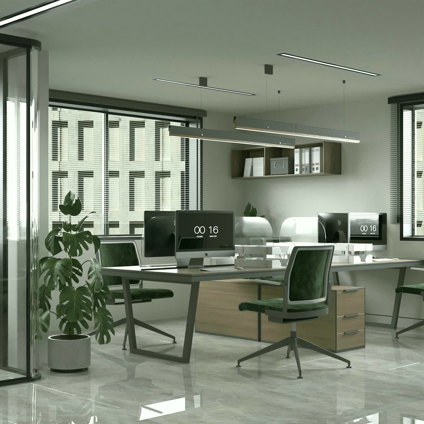 Geniş pencereli, aydınlık açık ofis çalışma alanı